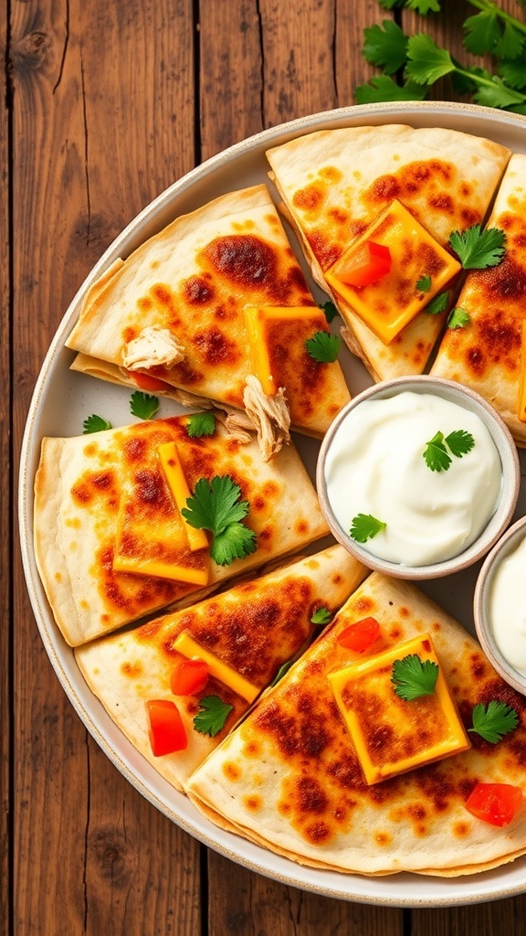 Chicken quesadillas filled with cheese and vegetables, served with salsa and sour cream on a wooden table.
